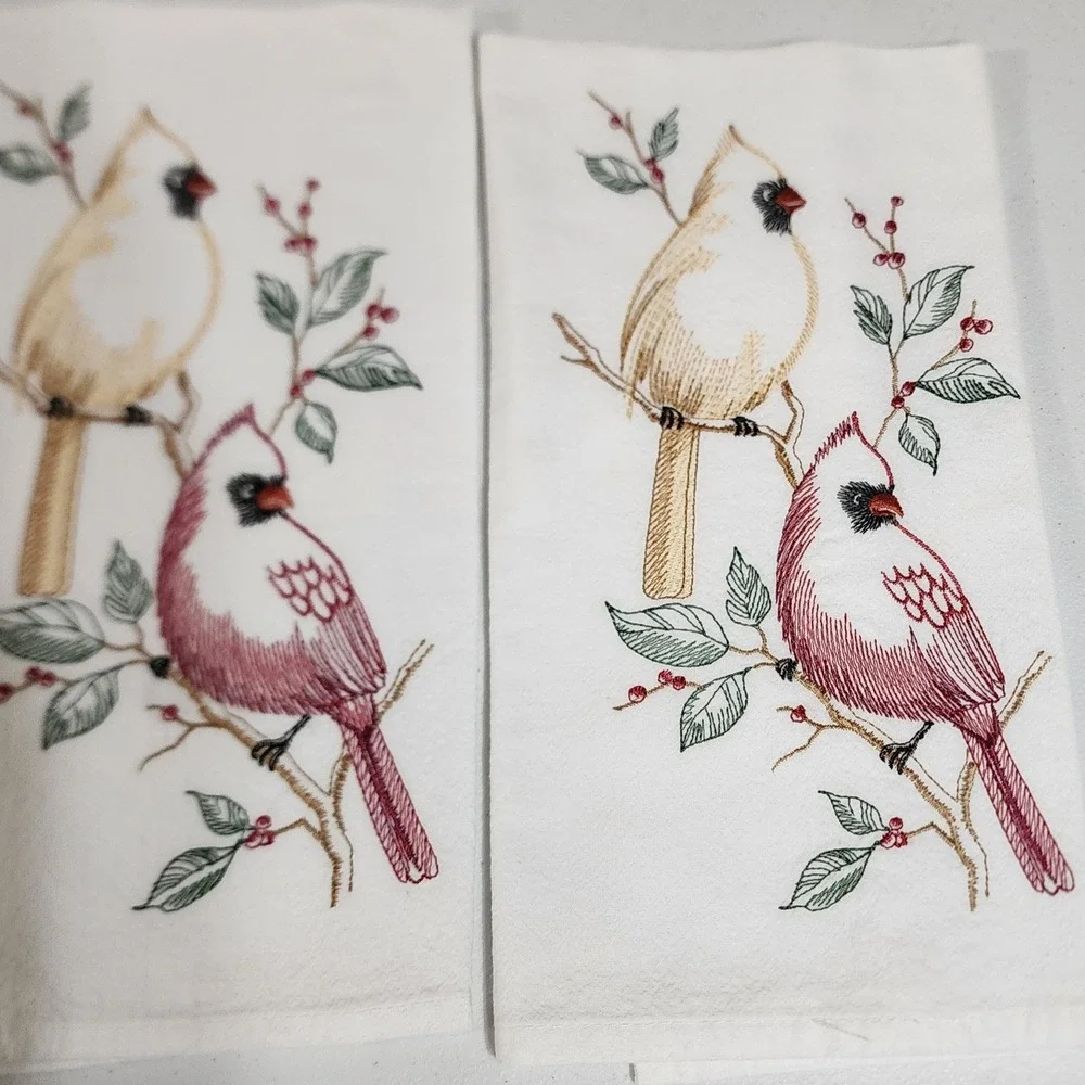Cardinal Bird Embroidered Cotton Tea Towels Set of 2 White